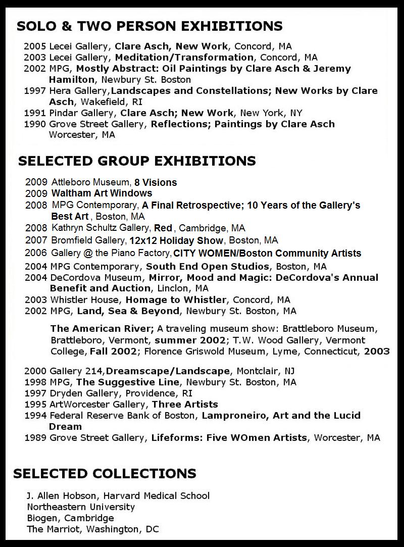 Solo, two person and selected group art exhibitions featuring Boston area artist Clare Asch